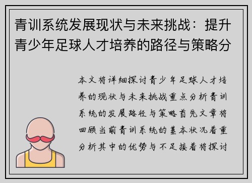 青训系统发展现状与未来挑战：提升青少年足球人才培养的路径与策略分析
