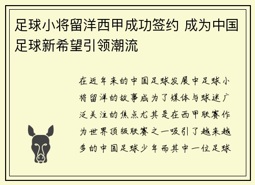 足球小将留洋西甲成功签约 成为中国足球新希望引领潮流 足球小将留洋西甲成功签约 成为中国足球新希望引领潮流